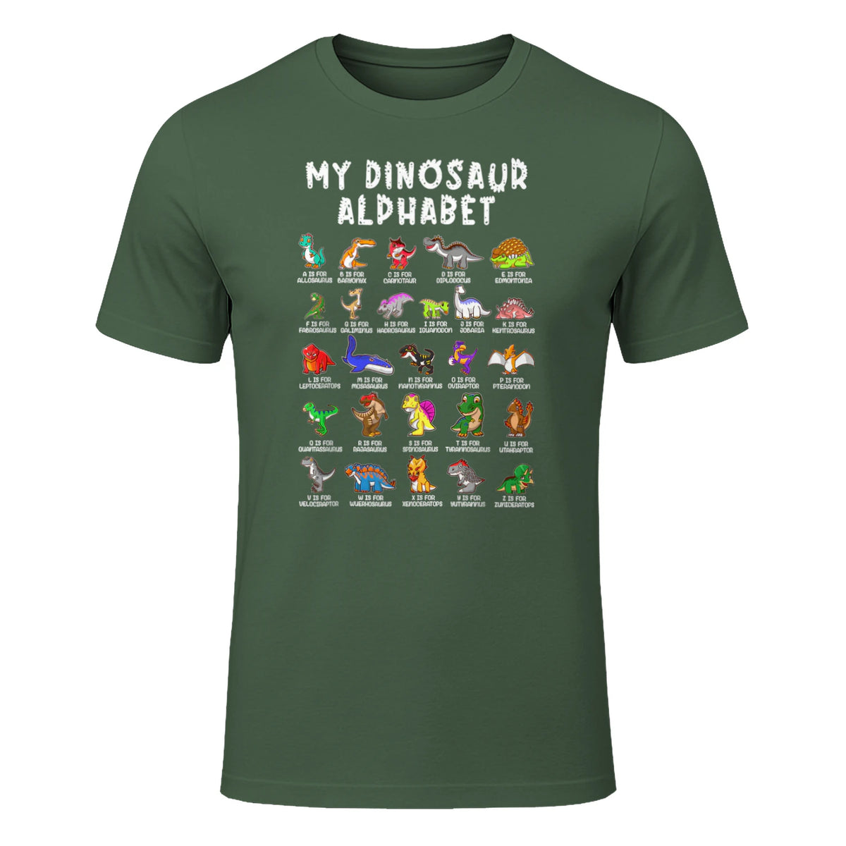 Types Of Dinosaurs Alphabet Dino Identification T-Shirt in Military Green - front view