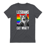 Lesbians Eat What? LGBT Lesbian Girlfriend Funny Cat Gift T-Shirt in Charcoal - back view