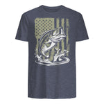 Fishing Camo Bass Fish American Flag Men's Fisherman Gift T-Shirt in Heather Navy - back view