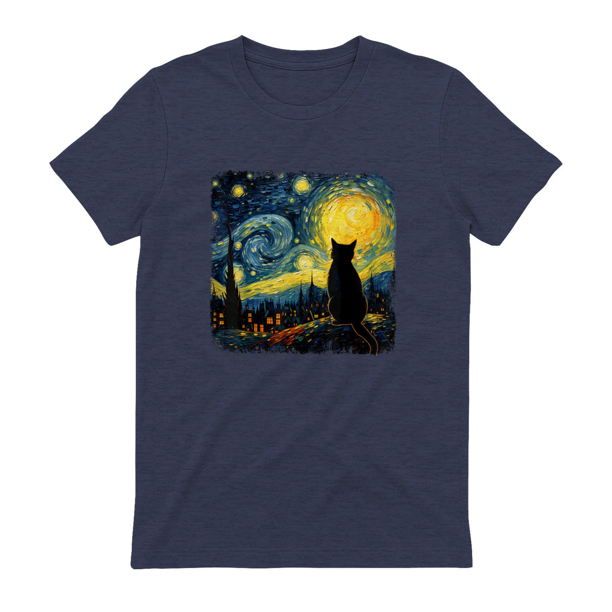 Starry Night Cat Lover T-Shirt in Heather Navy - back view