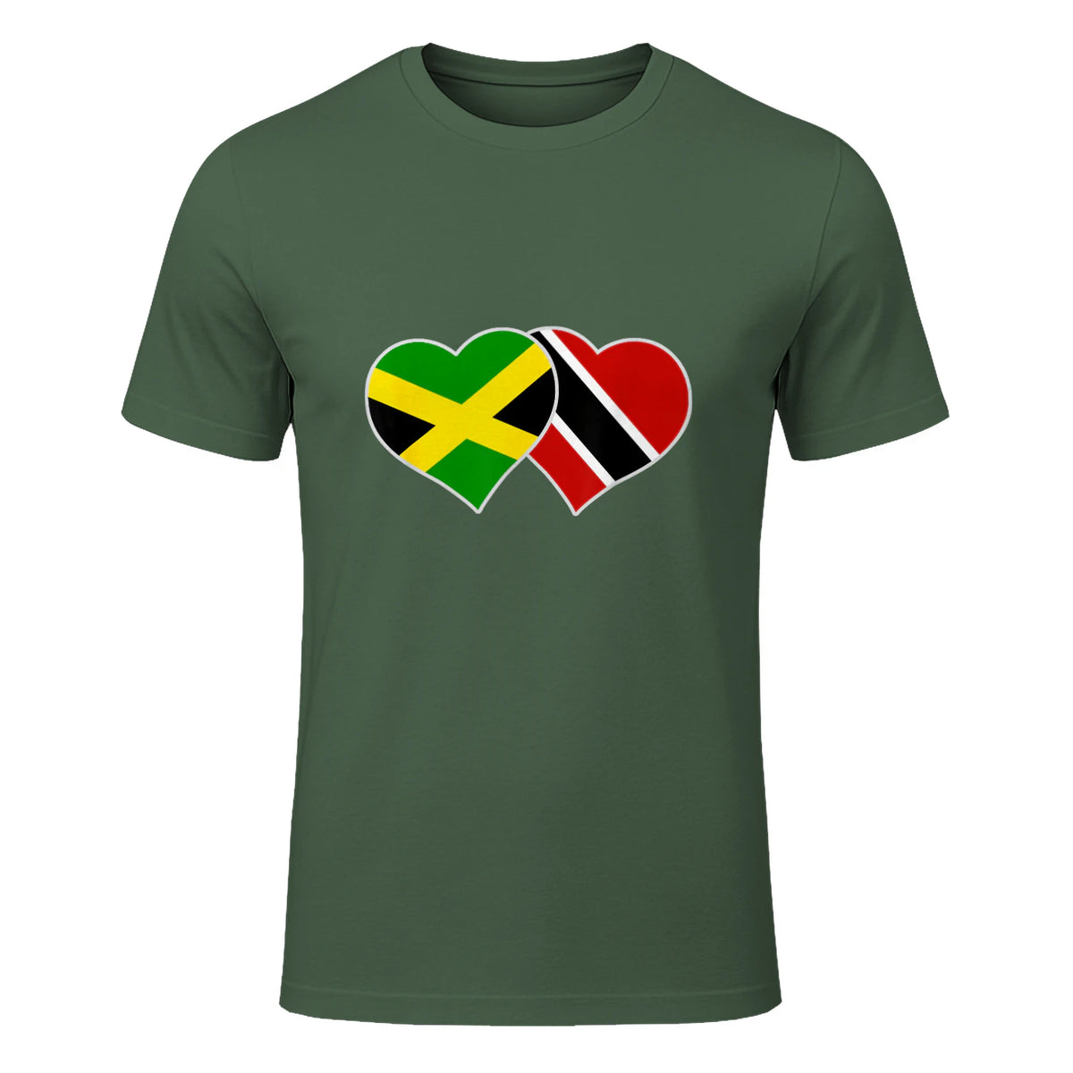 Trinidadian Jamaican Heart Love Jamaica Trinidad Flag in Military Green - front view