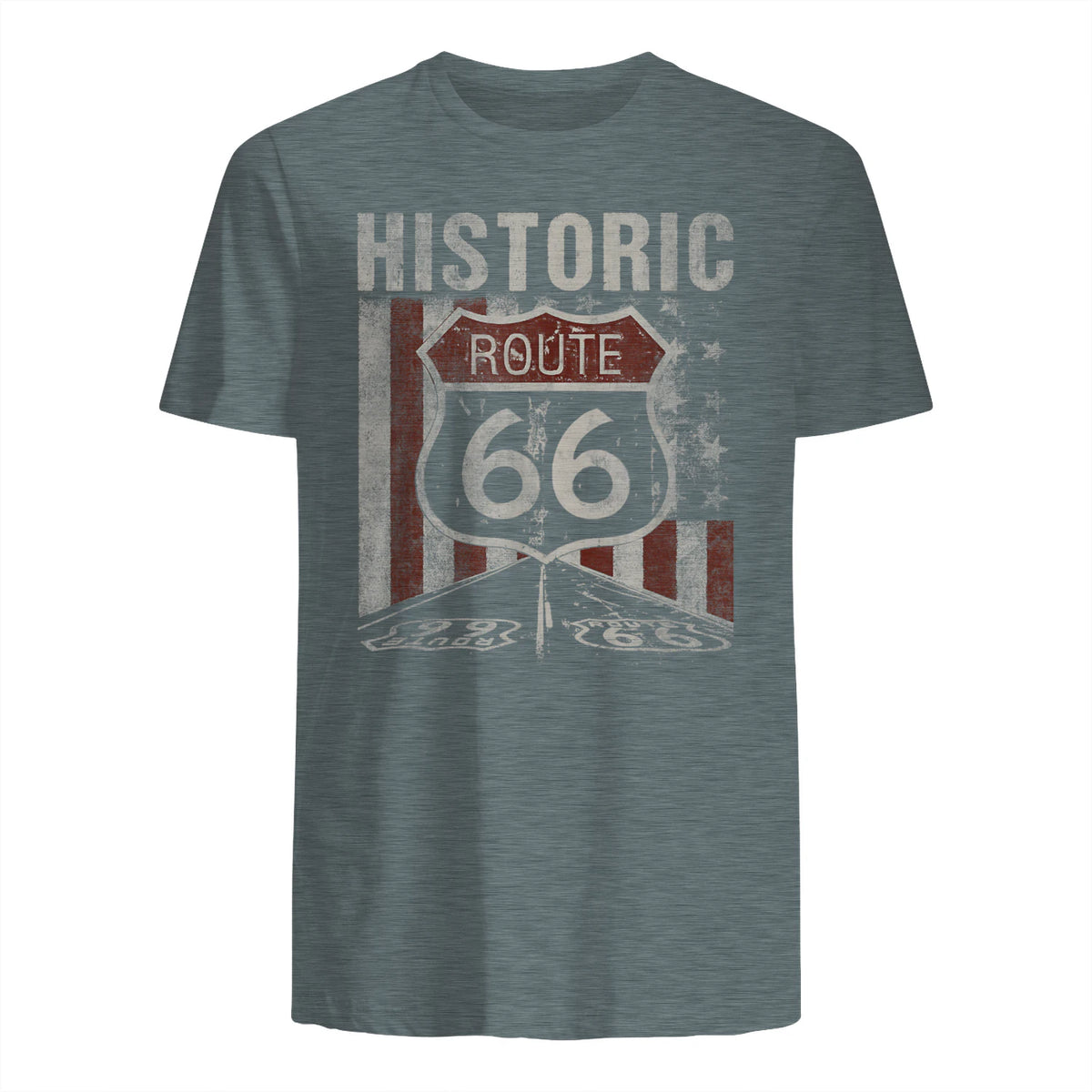Historic USA Route Sixty-Six Highway Road Sign T-Shirt in Dark Heather - back view