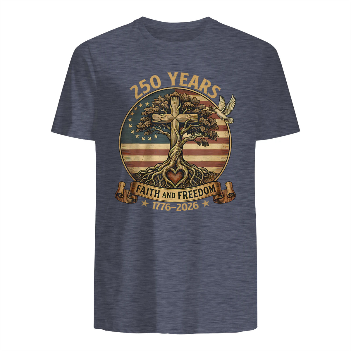 Faith and Freedom Christian USA Anniversary T-Shirt in Heather Navy - back view