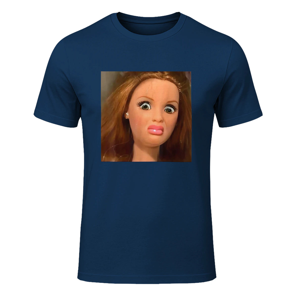 Funny Doll Face Meme Expression Hilarious Sarcastic in Navy - front view