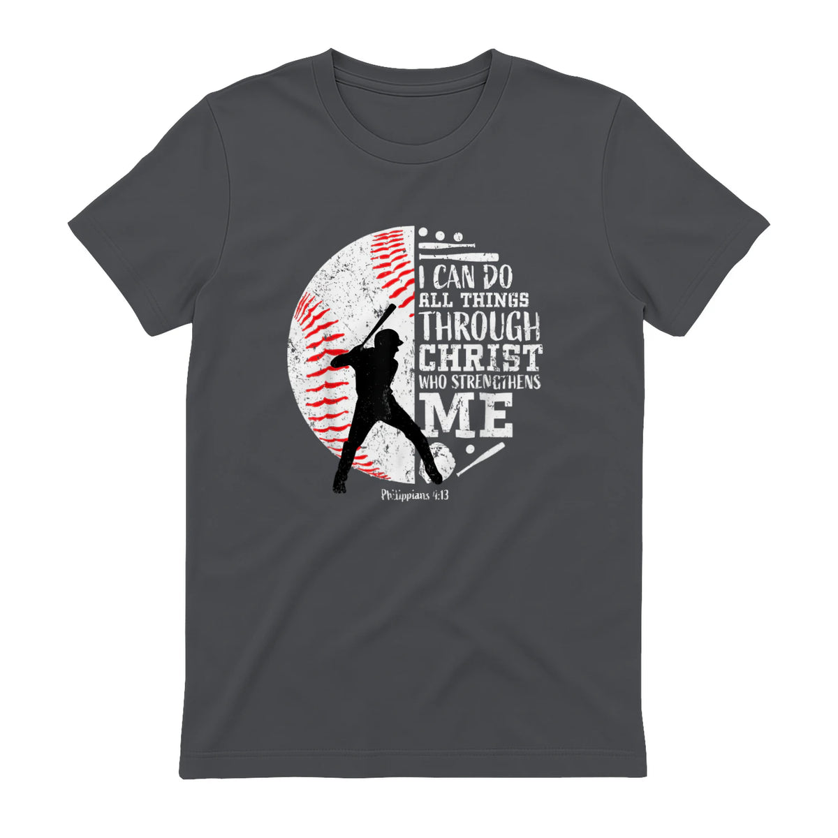 Philippians Four Thirteen Baseball Player Graphic with Bible Verse T-Shirt in Charcoal - back view