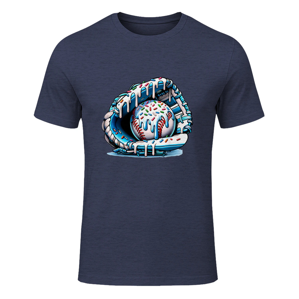 Baseball Drip Ice Cream Sprinkles Baseball Glove T-Shirt in Heather Navy - front view