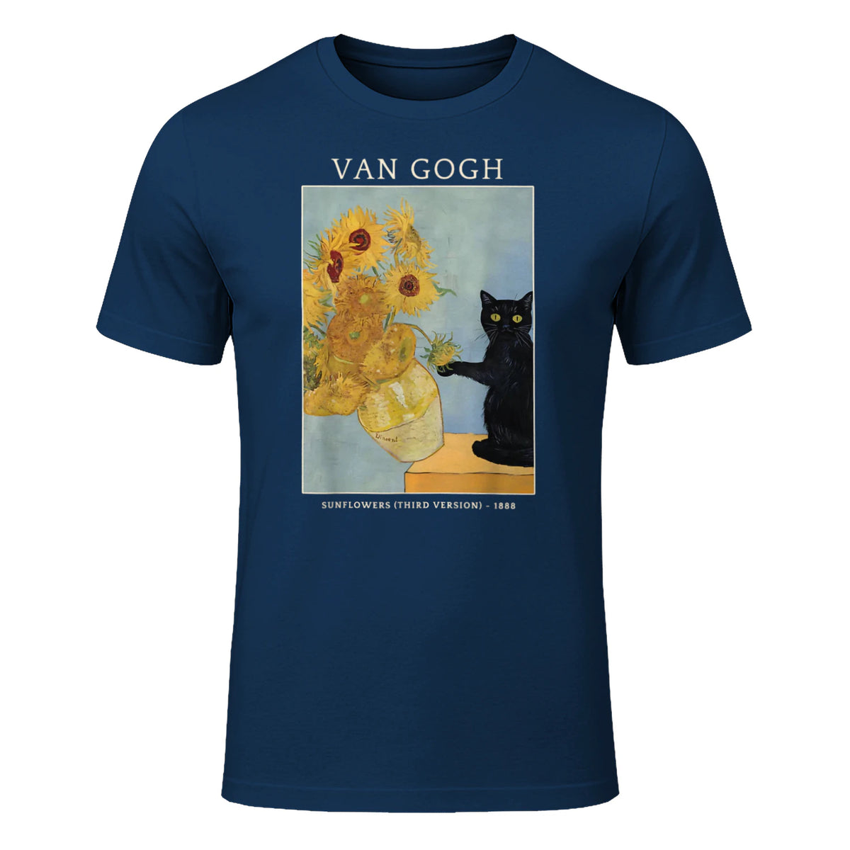 Funny Cat & Sunflowers Van Gogh Art Parody Vintage T-Shirt in Navy - front view