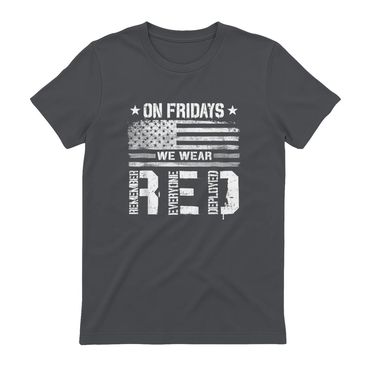 On Friday We Wear Red American Flag Military Supportive T-Shirt in Charcoal - back view