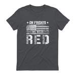On Friday We Wear Red American Flag Military Supportive T-Shirt in Charcoal - back view
