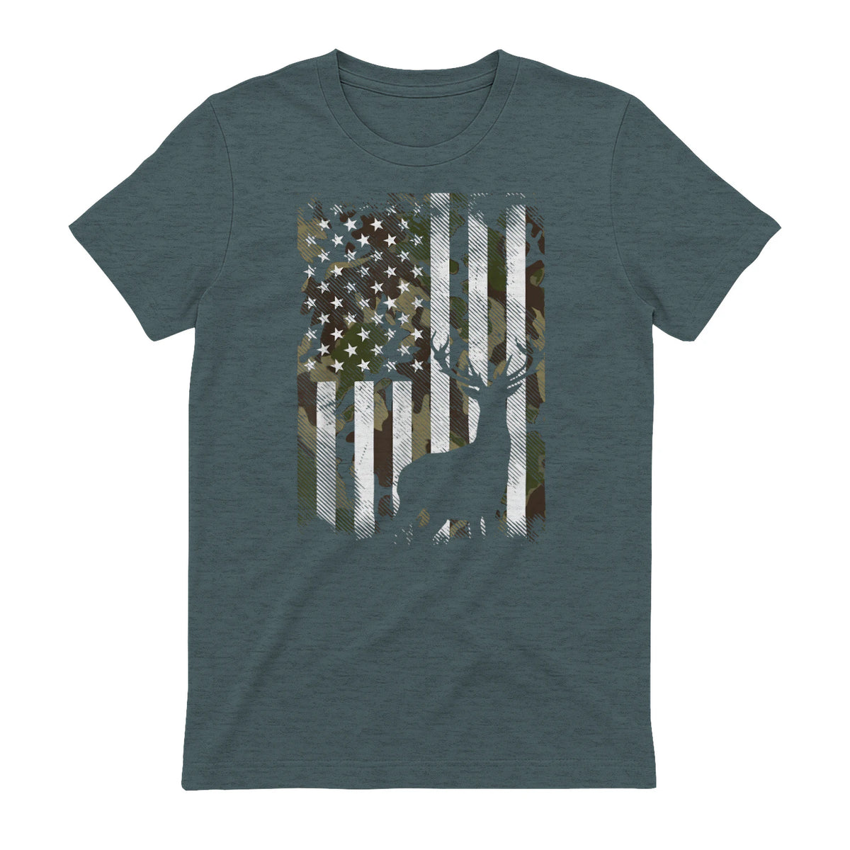 Camo US Flag Deer Elk Buck Camoflage Hunting Hunter Dad Gift Short Sleeve in Dark Heather - back view