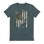 Camo US Flag Deer Elk Buck Camoflage Hunting Hunter Dad Gift Short Sleeve in Dark Heather - back view