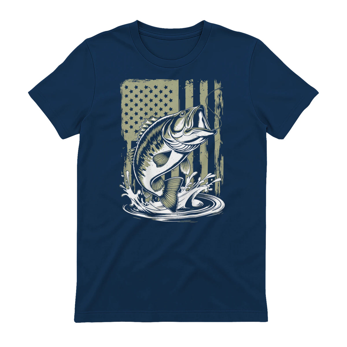 Fishing Camo Bass Fish American Flag Men's Fisherman Gift T-Shirt in Navy - back view
