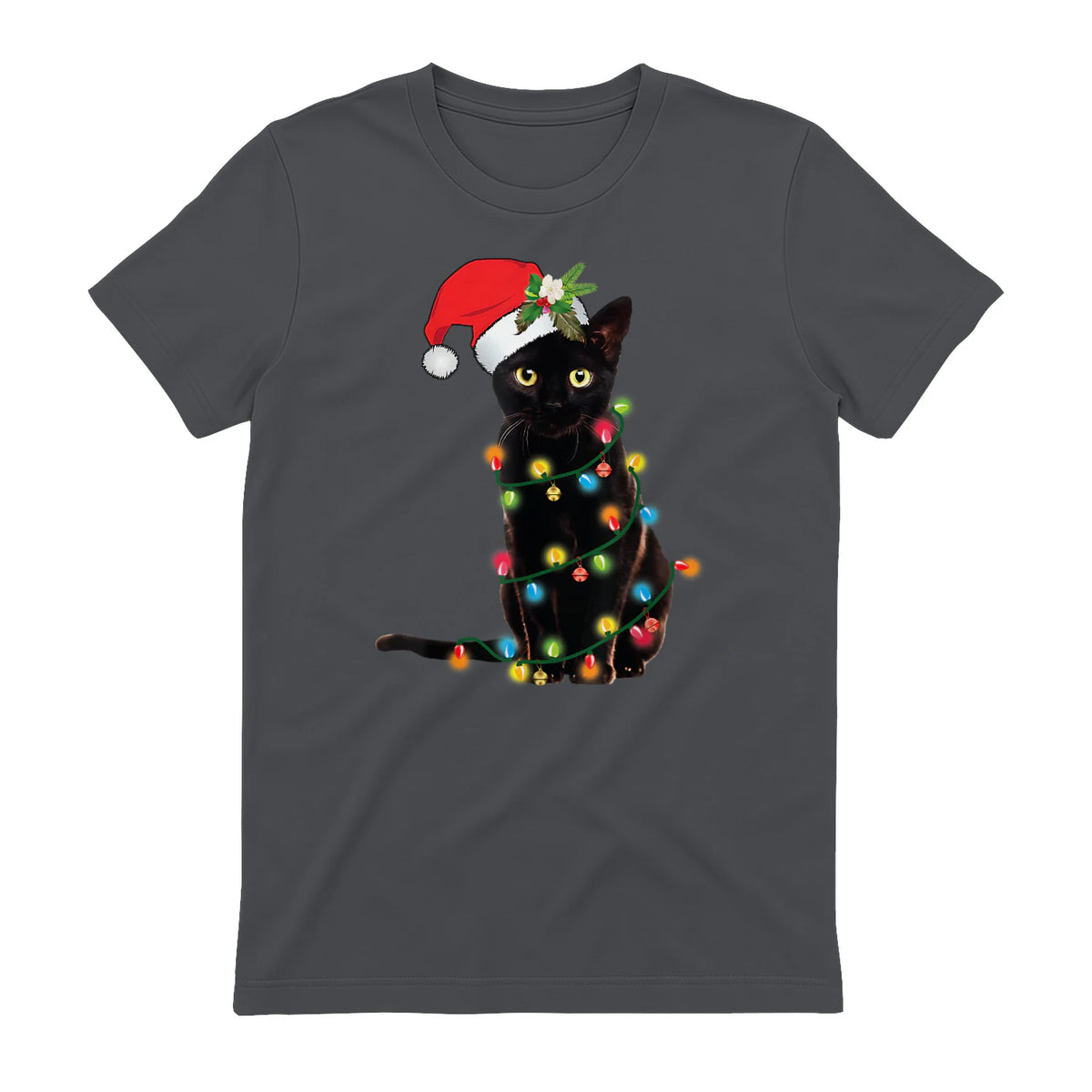 Santa Black Cat Tangled Up In Christmas Tree Lights Holiday in Charcoal - back view