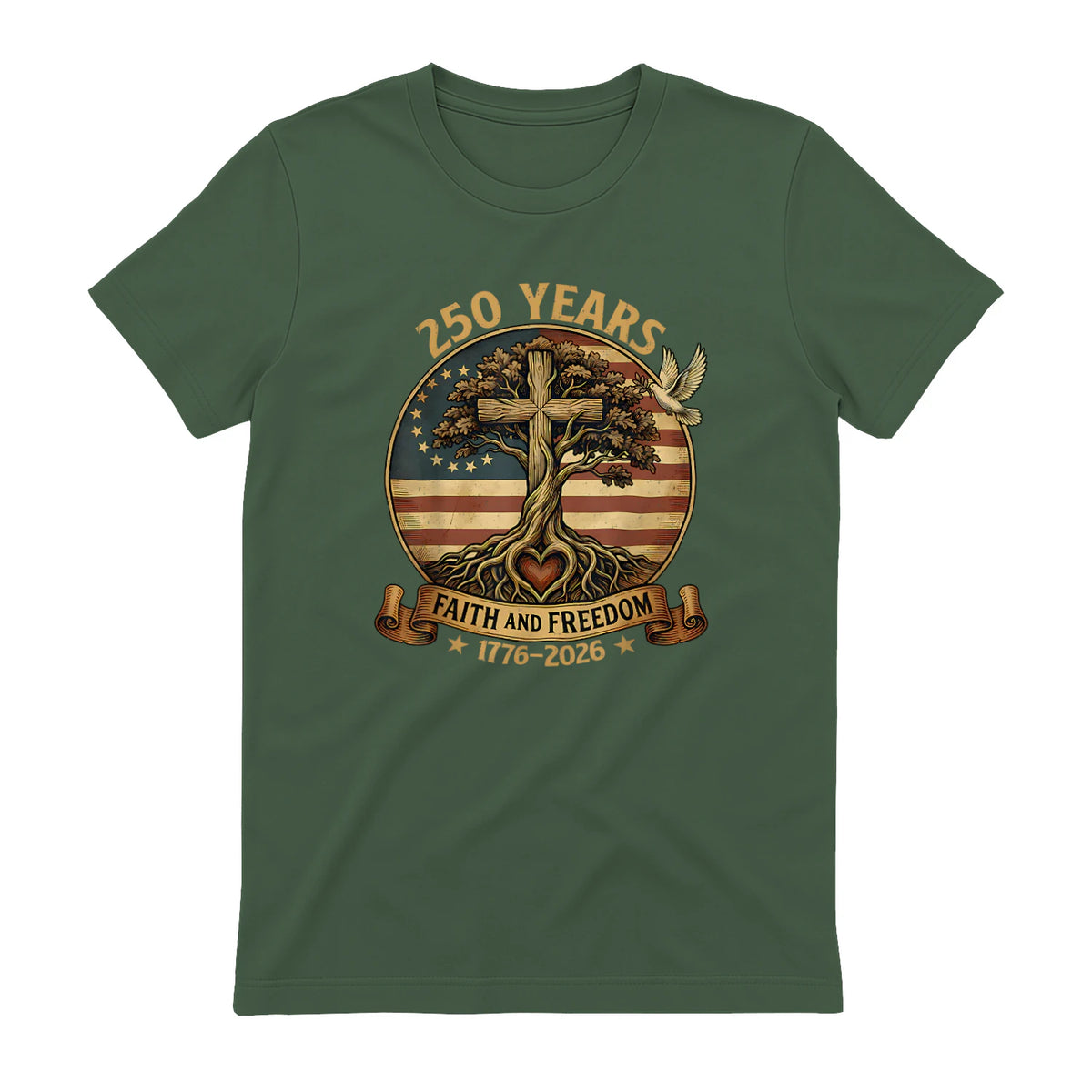 Faith and Freedom Christian USA Anniversary T-Shirt in Military Green - back view