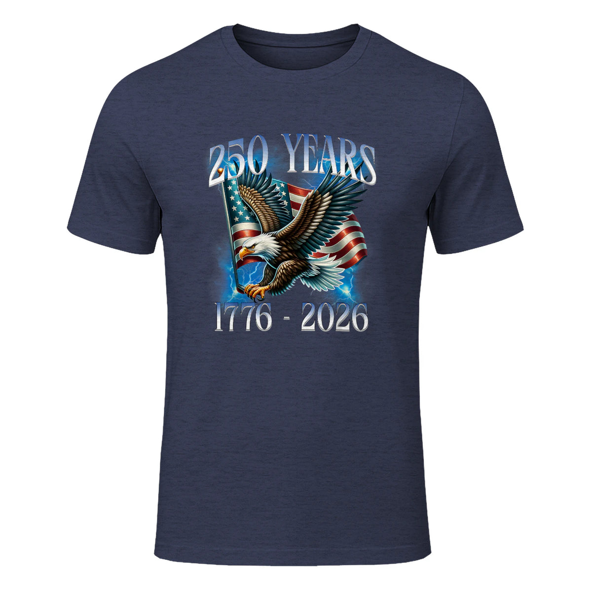 Eagle and Flag Anniversary Birthday T-Shirt in Heather Navy - front view