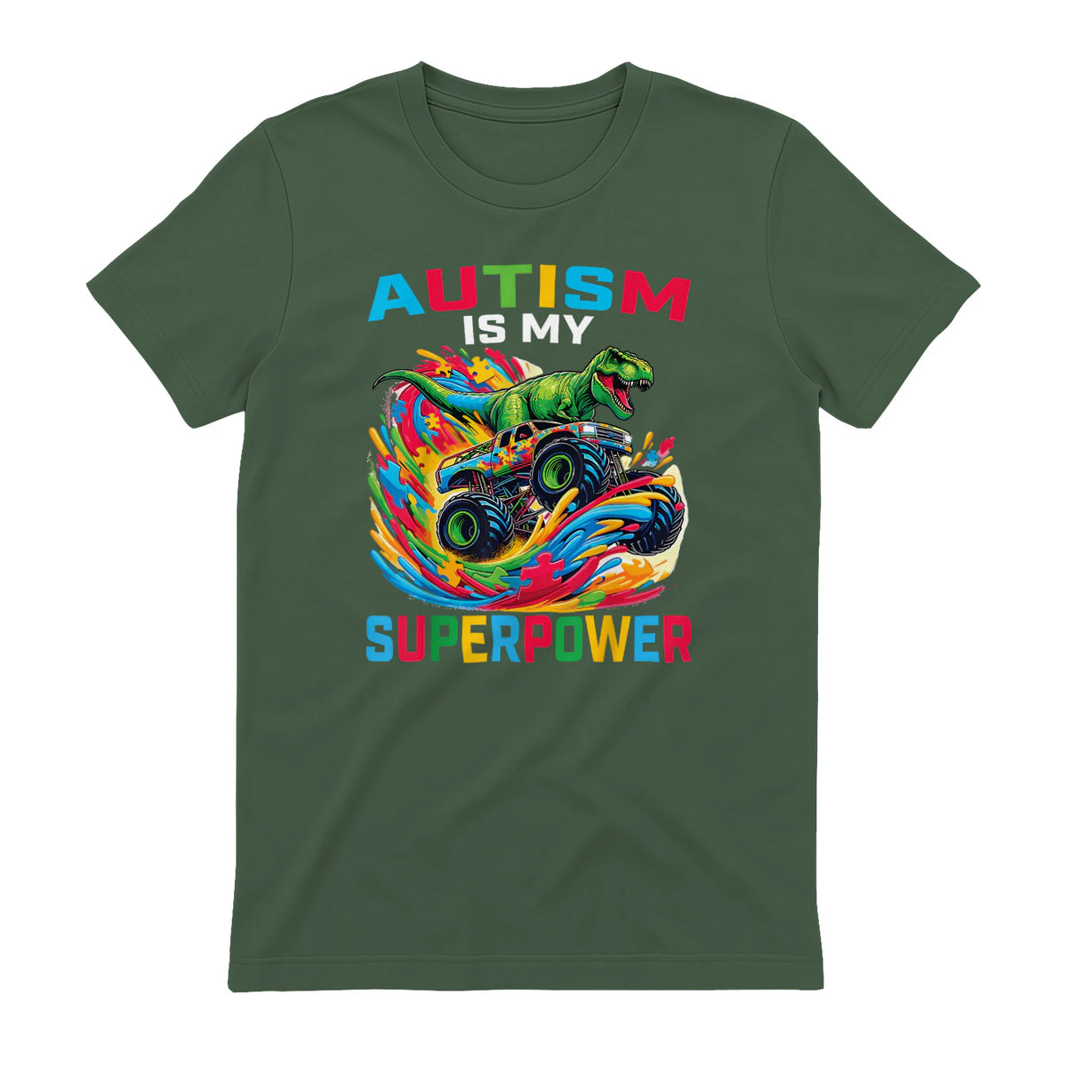 Autism is My Superpower Dino T Rex Monster Truck Kids Boys in Military Green - back view