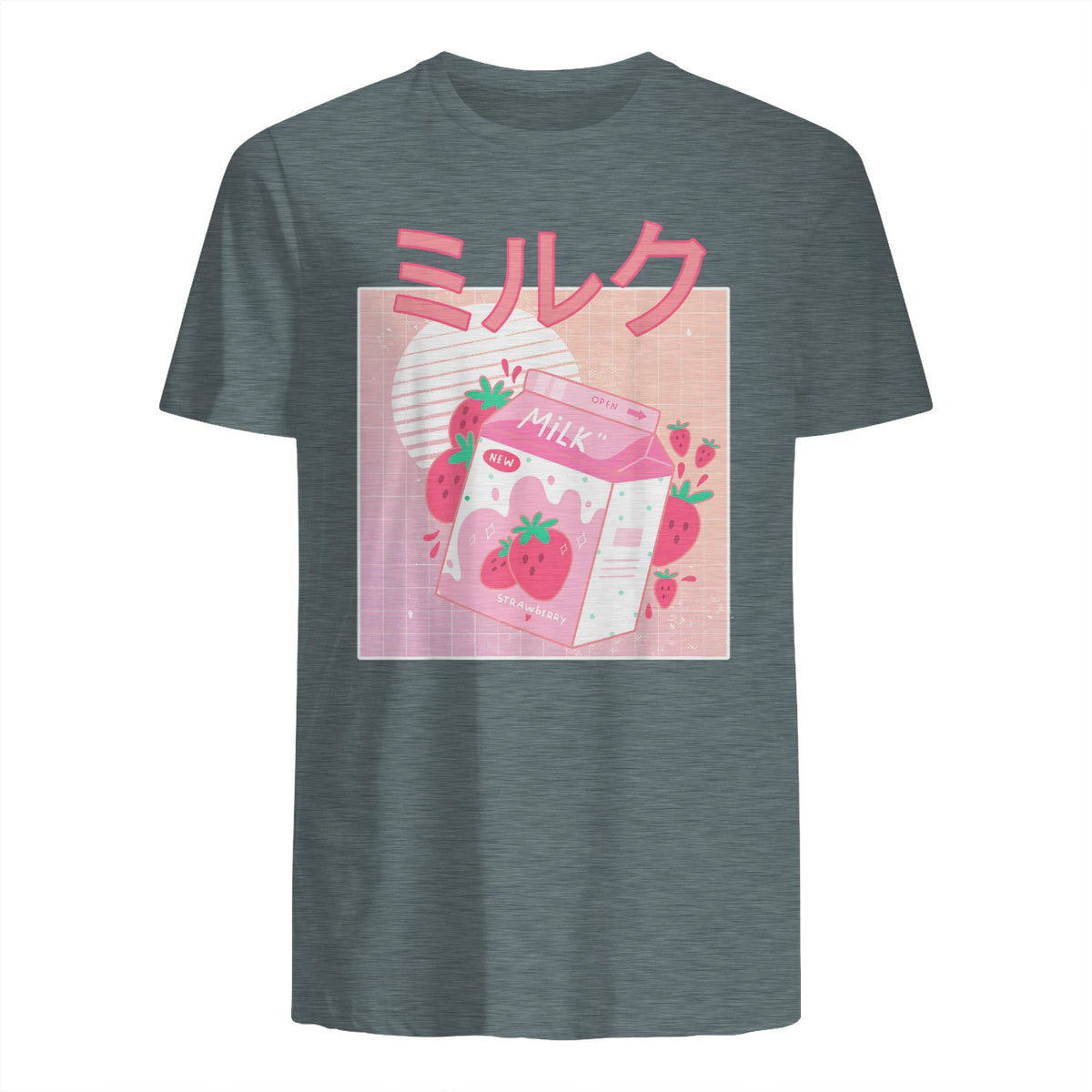 Funny Retro Nineties Japanese Kawaii Strawberry Milk Shake Carton T-Shirt in Dark Heather - back view
