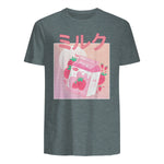 Funny Retro Nineties Japanese Kawaii Strawberry Milk Shake Carton T-Shirt in Dark Heather - back view