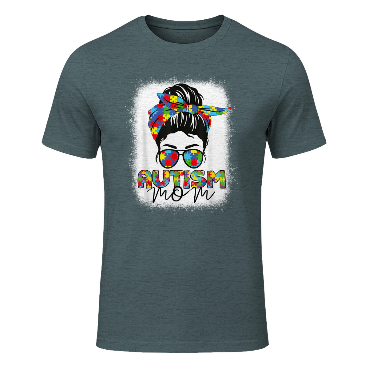 Autism Mom Life Messy Bun T-Shirt in Dark Heather - front view