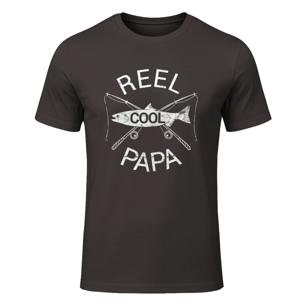 Funny Fishing Reel Cool Papa Dad Joke T-Shirt in Dark Chocolate - front view