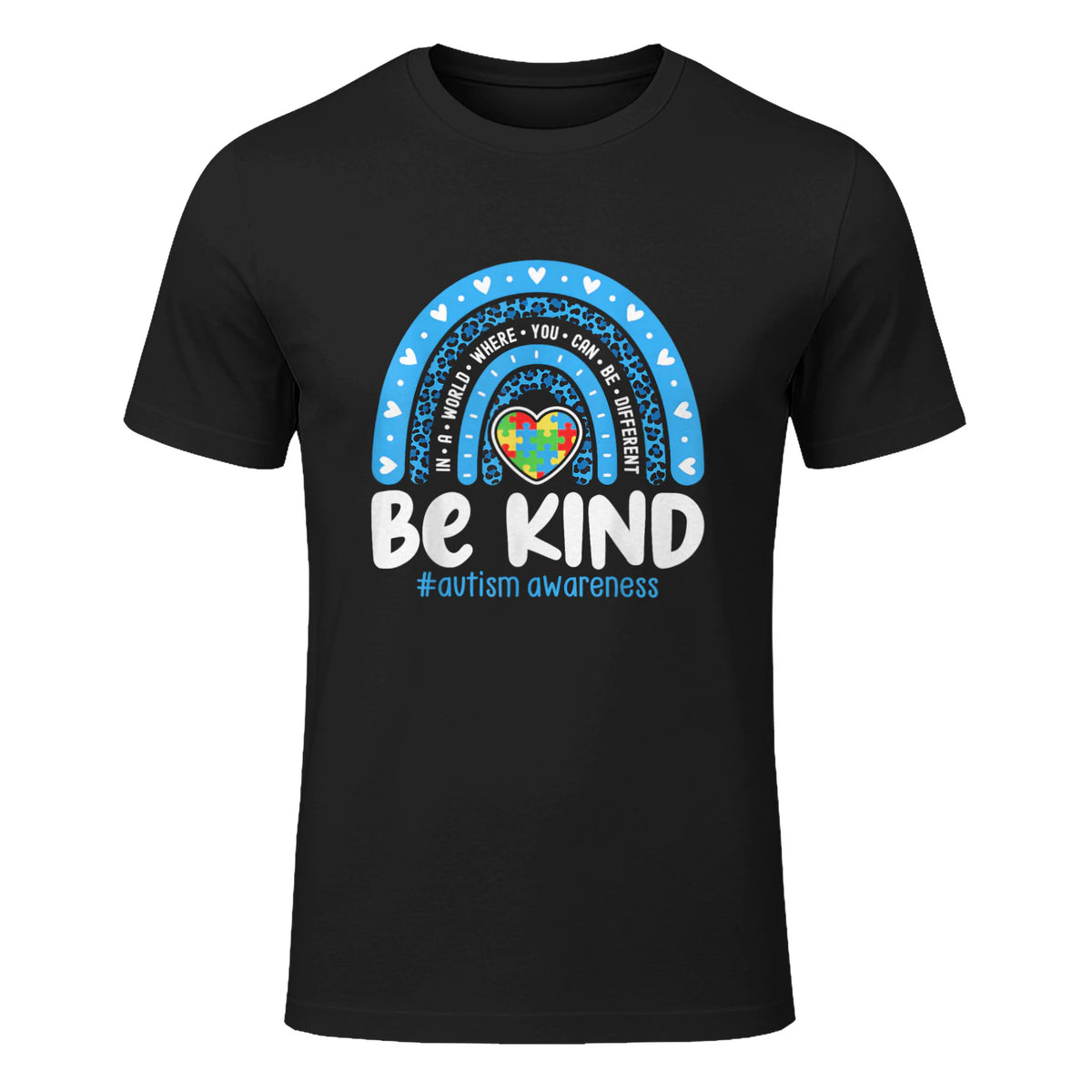 In April We Wear Blue Autism Ribbon T-Shirt in Black - front view