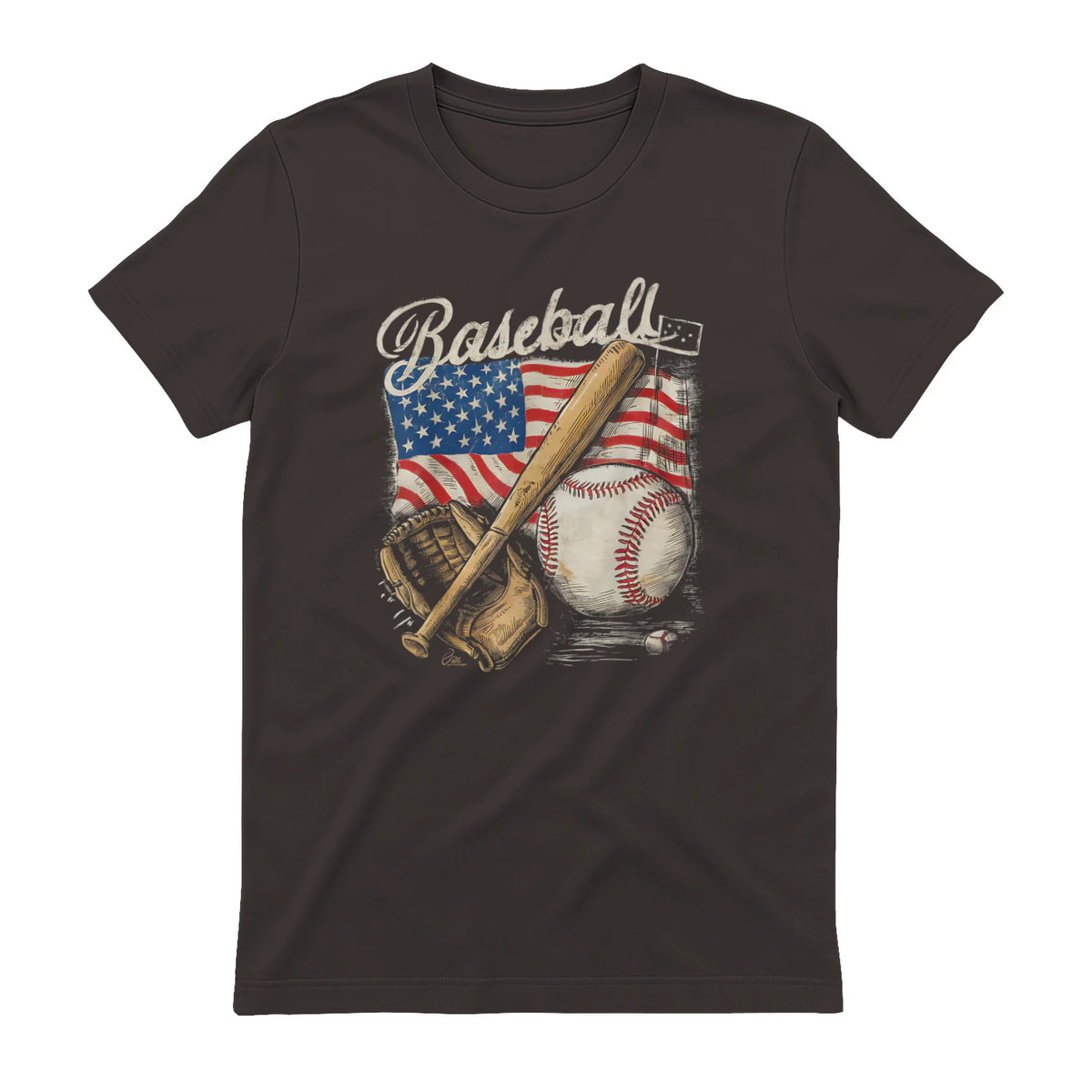 American Flag Baseball Player Bat Fan Catcher Pitcher USA T-Shirt in Dark Chocolate - back view