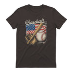 American Flag Baseball Player Bat Fan Catcher Pitcher USA T-Shirt in Dark Chocolate - back view