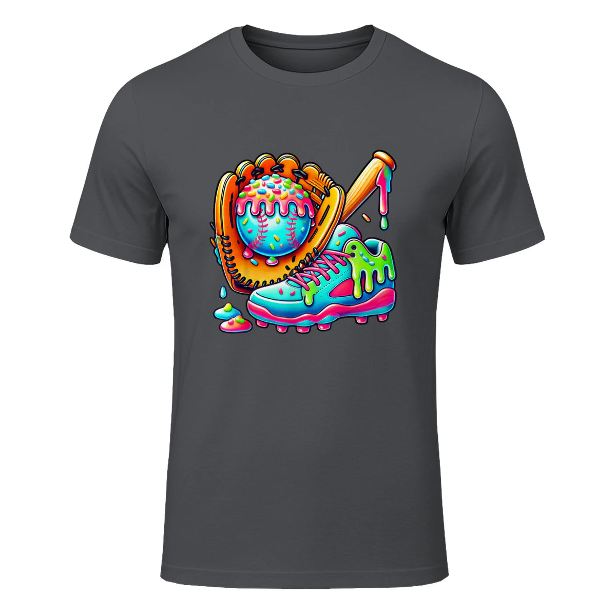 Ice Cream Drip Baseball Stuff Baseball Drip for Boys Graphic T-Shirt in Charcoal - front view