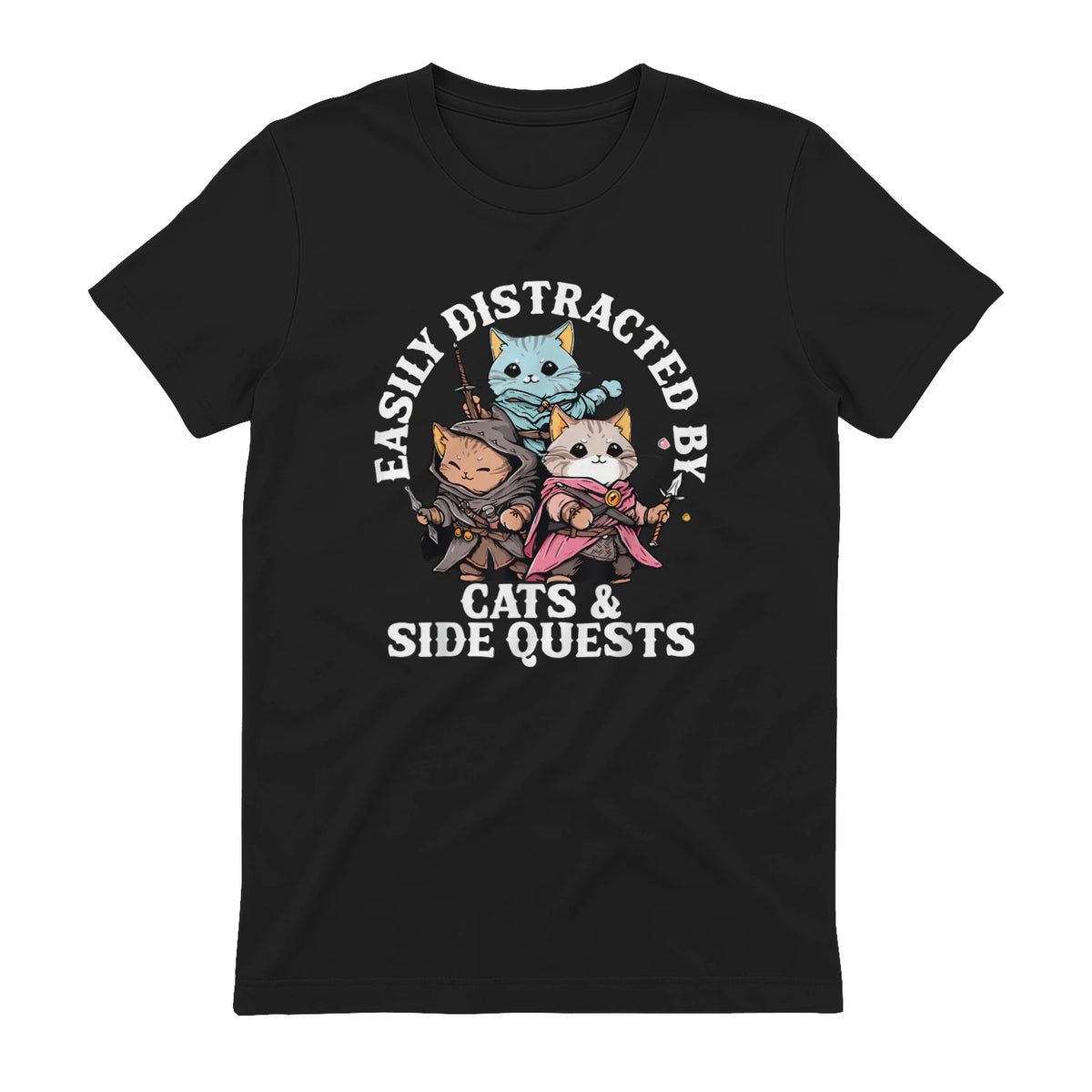 Cats Side Quest Funny Tabletop T-Shirt in Black - back view