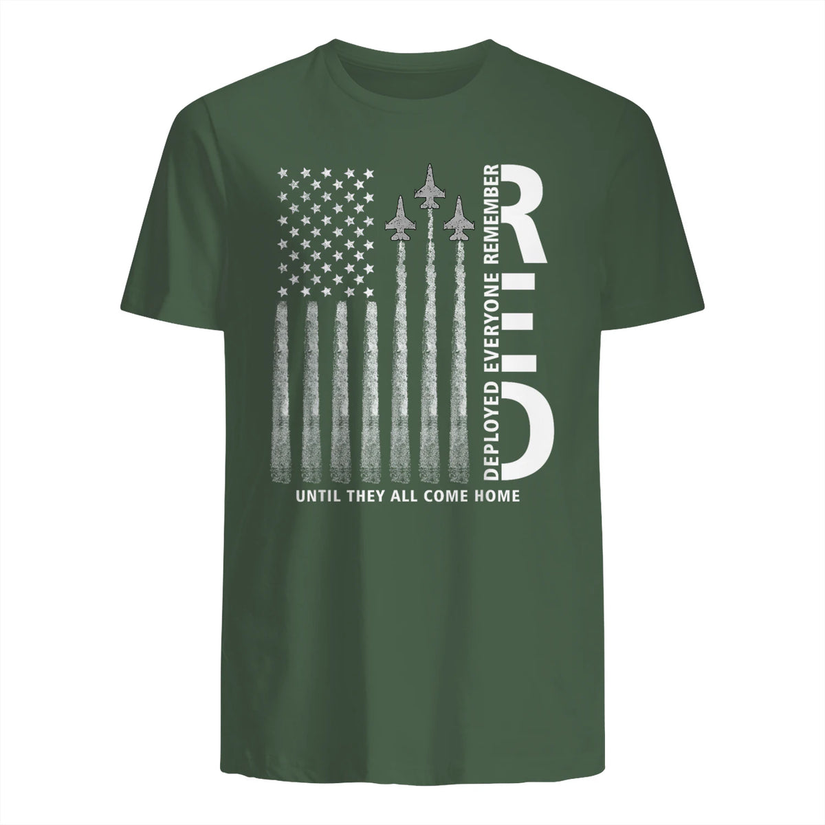 Remember Everyone Deployed RED Friday Military American Flag T-Shirt in Military Green - back view