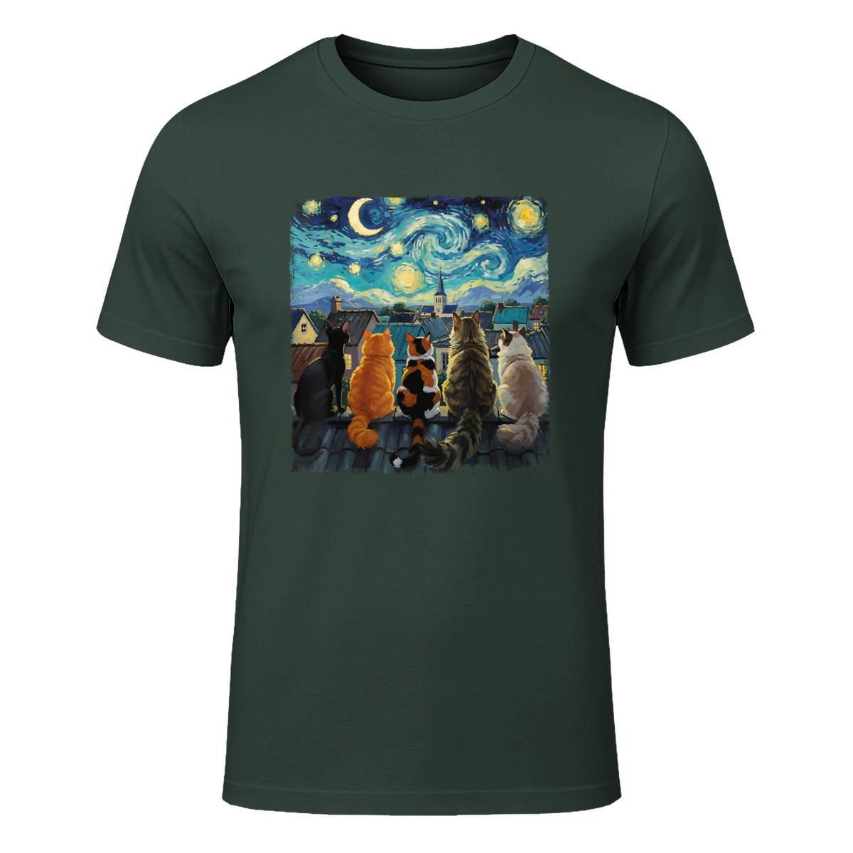 Funny Cat Starry Night Van Gogh Cats Rooftop Scene Feline T-Shirt in Forest Green - front view