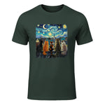 Funny Cat Starry Night Van Gogh Cats Rooftop Scene Feline T-Shirt in Forest Green - front view