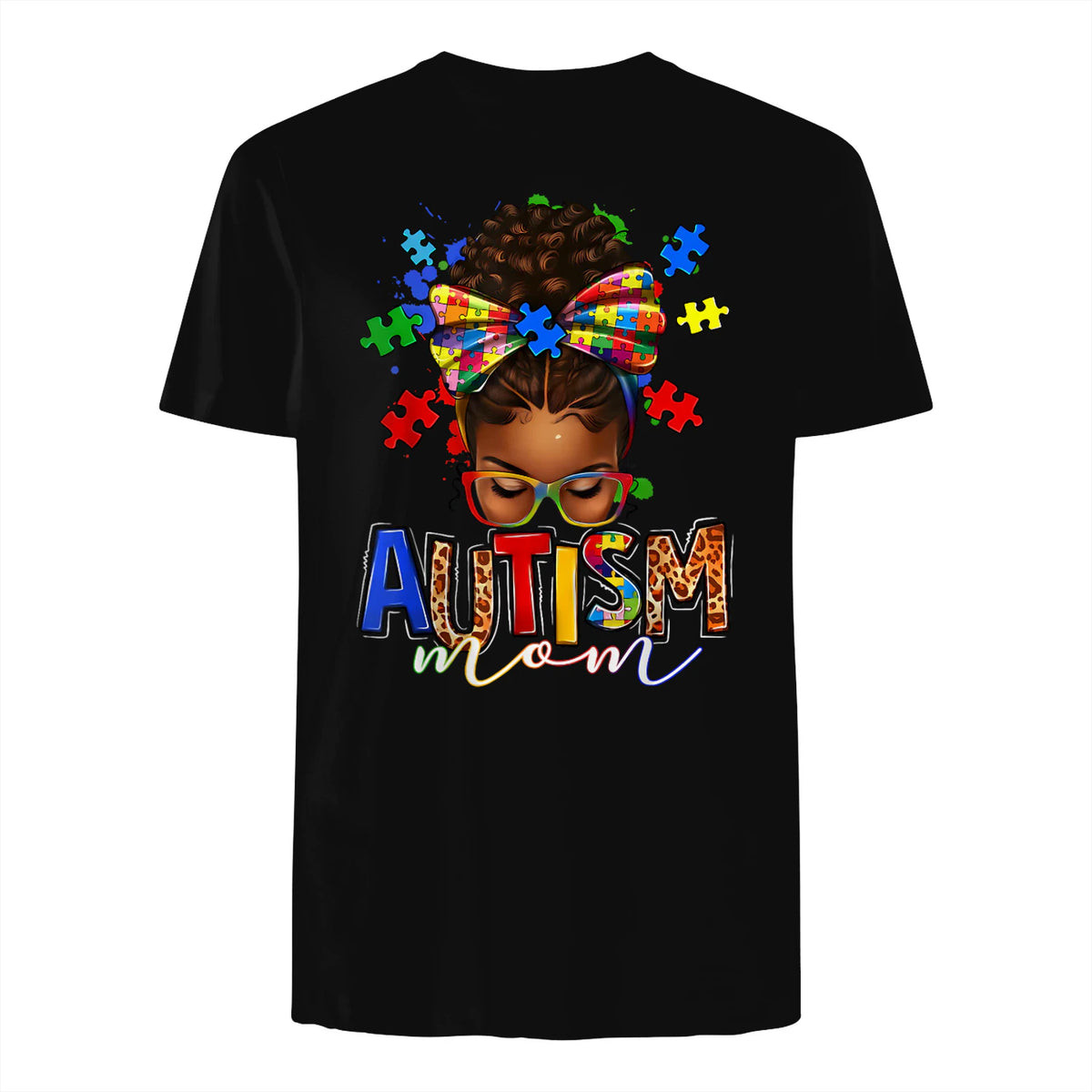 Autism Mom Messy Bun Black Women Autism Awareness Puzzle in Black - back view