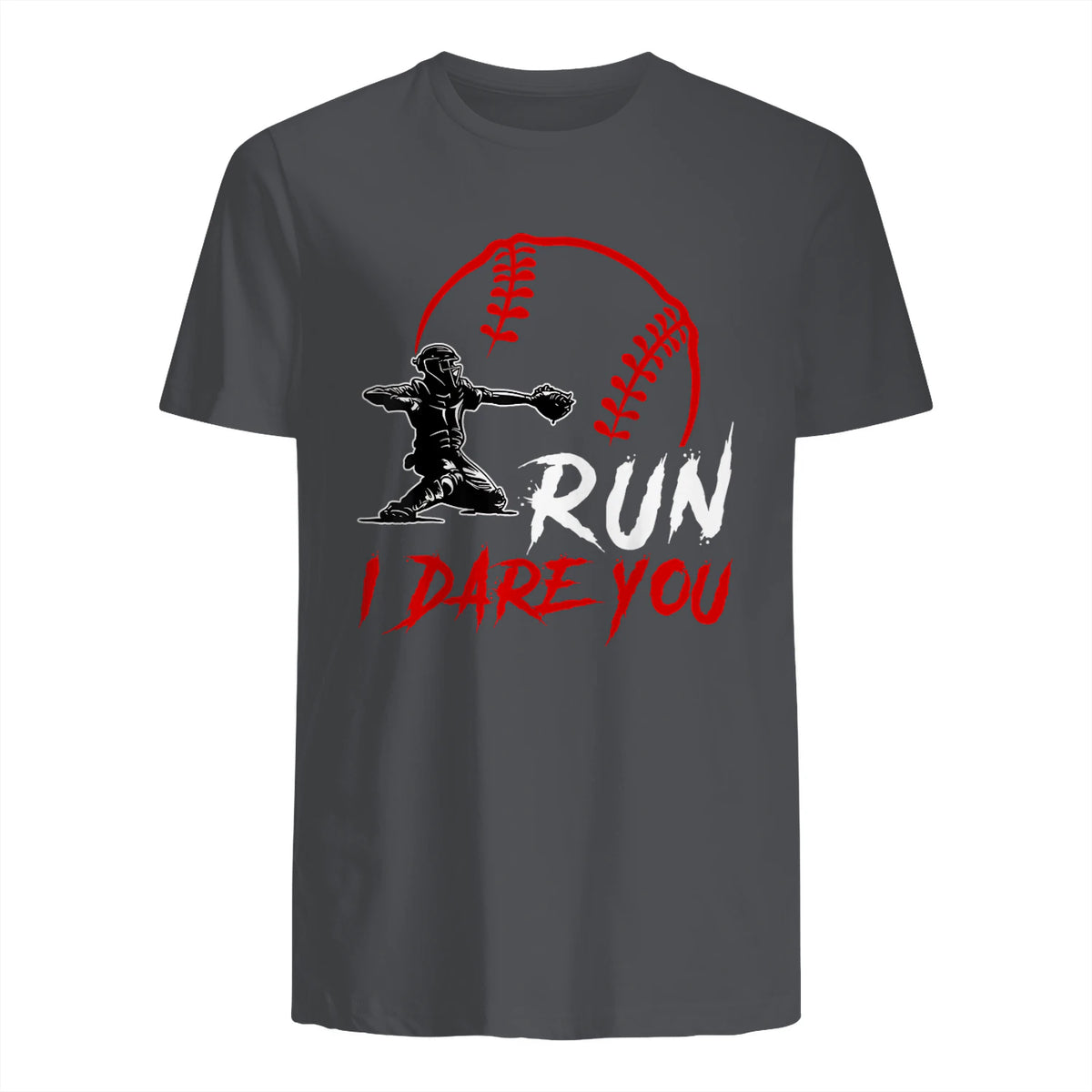 Run Steal I Dare You Humor Baseball Catcher Vintage T-Shirt in Charcoal - back view