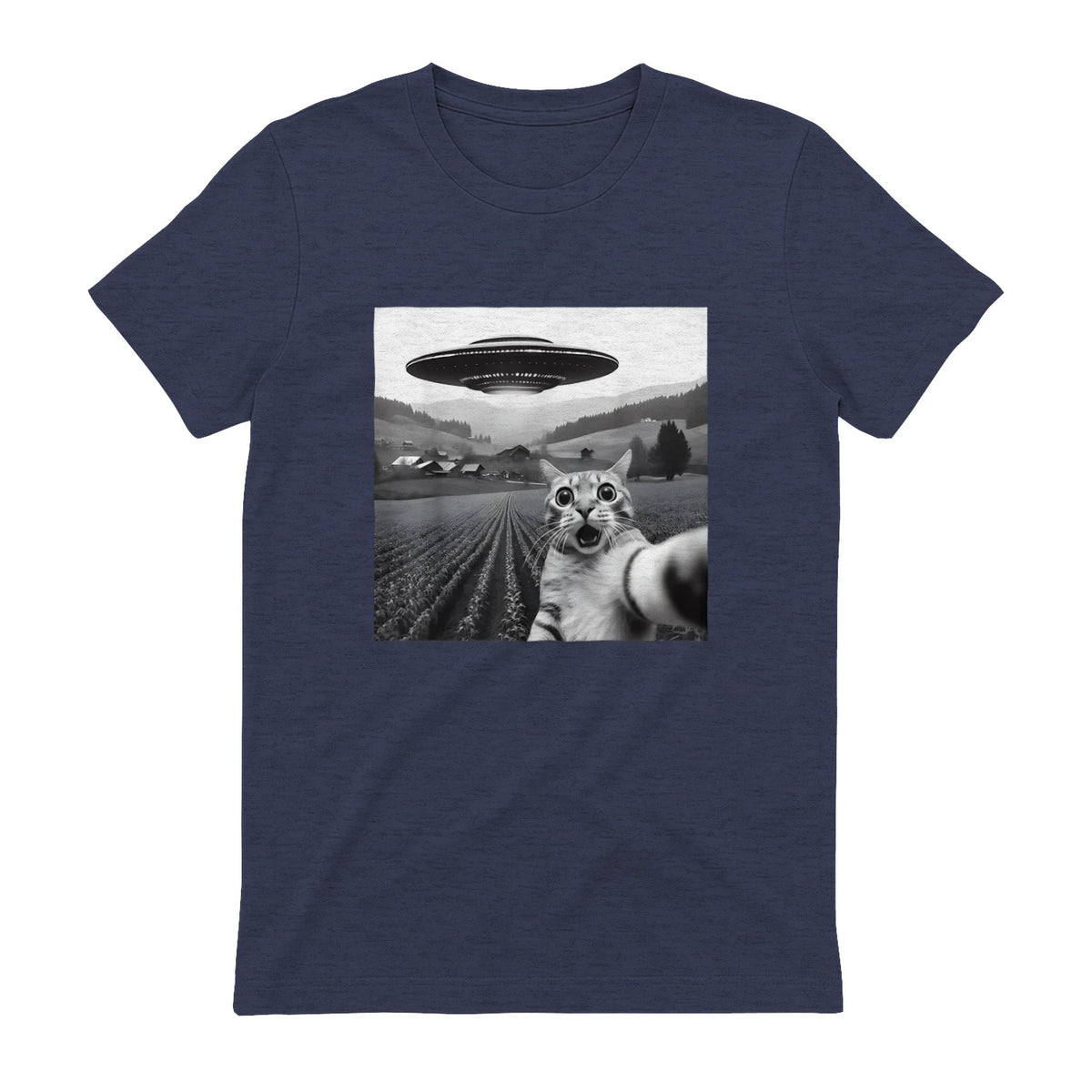 Cat Selfie With Alien UFO Funny Cat Gifts For Men Women Kid T-Shirt in Heather Navy - back view