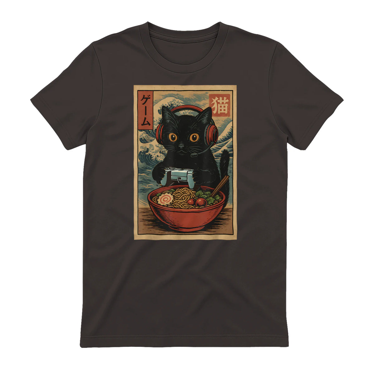 Cute Kawaii Gamer Cat Funny Ramen Retro Japanese Cat Gaming T-Shirt in Dark Chocolate - back view