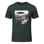 Cat Selfie With Alien UFO Funny Cat Gifts For Men Women Kid T-Shirt in Forest Green - front view