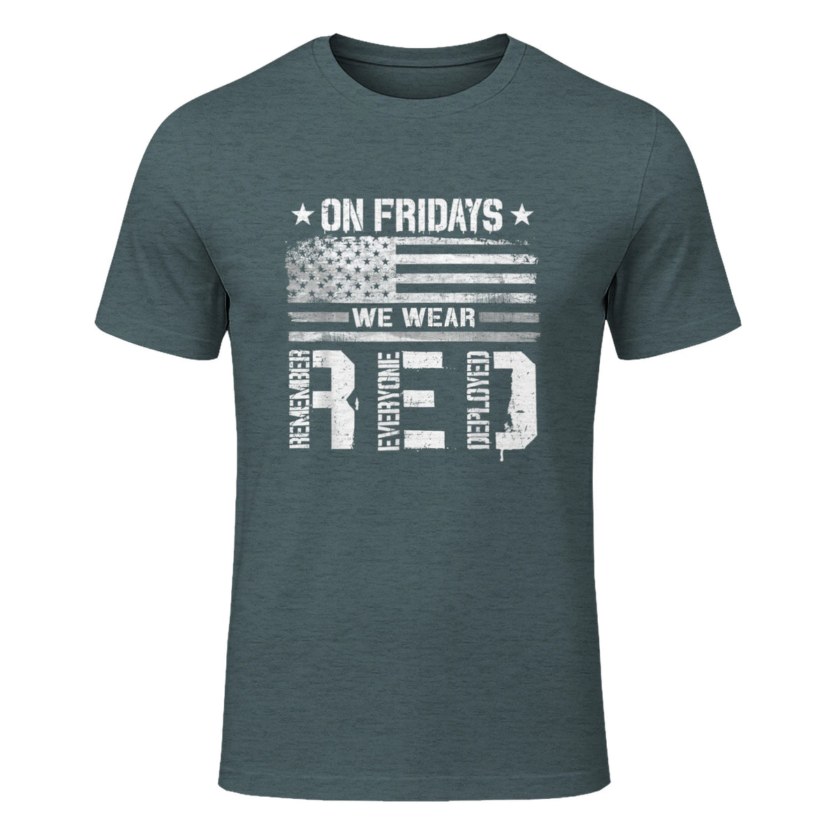 On Friday We Wear Red American Flag Military Supportive T-Shirt in Dark Heather - front view