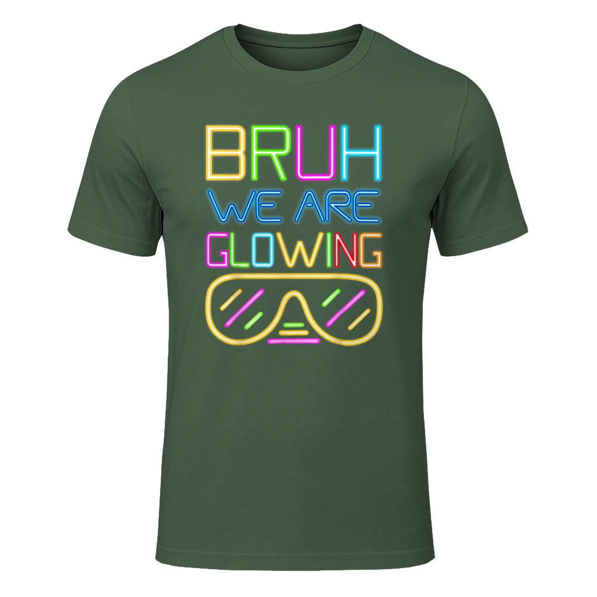 Bruh We are Glowing in My Glowing Era Hello Summer Vacation T-Shirt in Military Green - front view