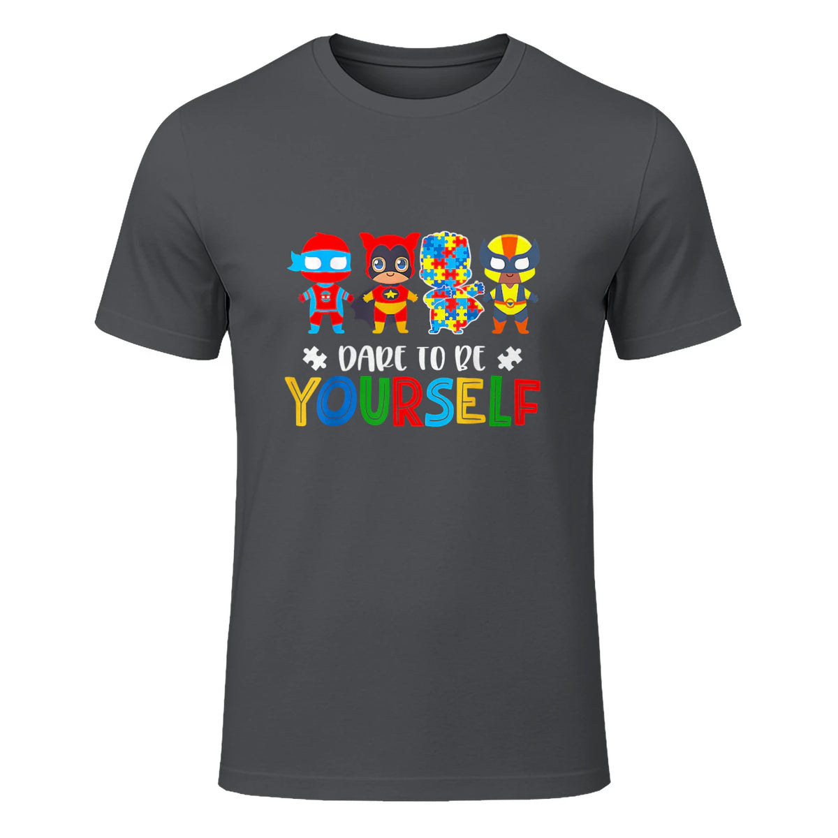 Dare to Be Yourself Autism Awareness Superheroes in Charcoal - front view
