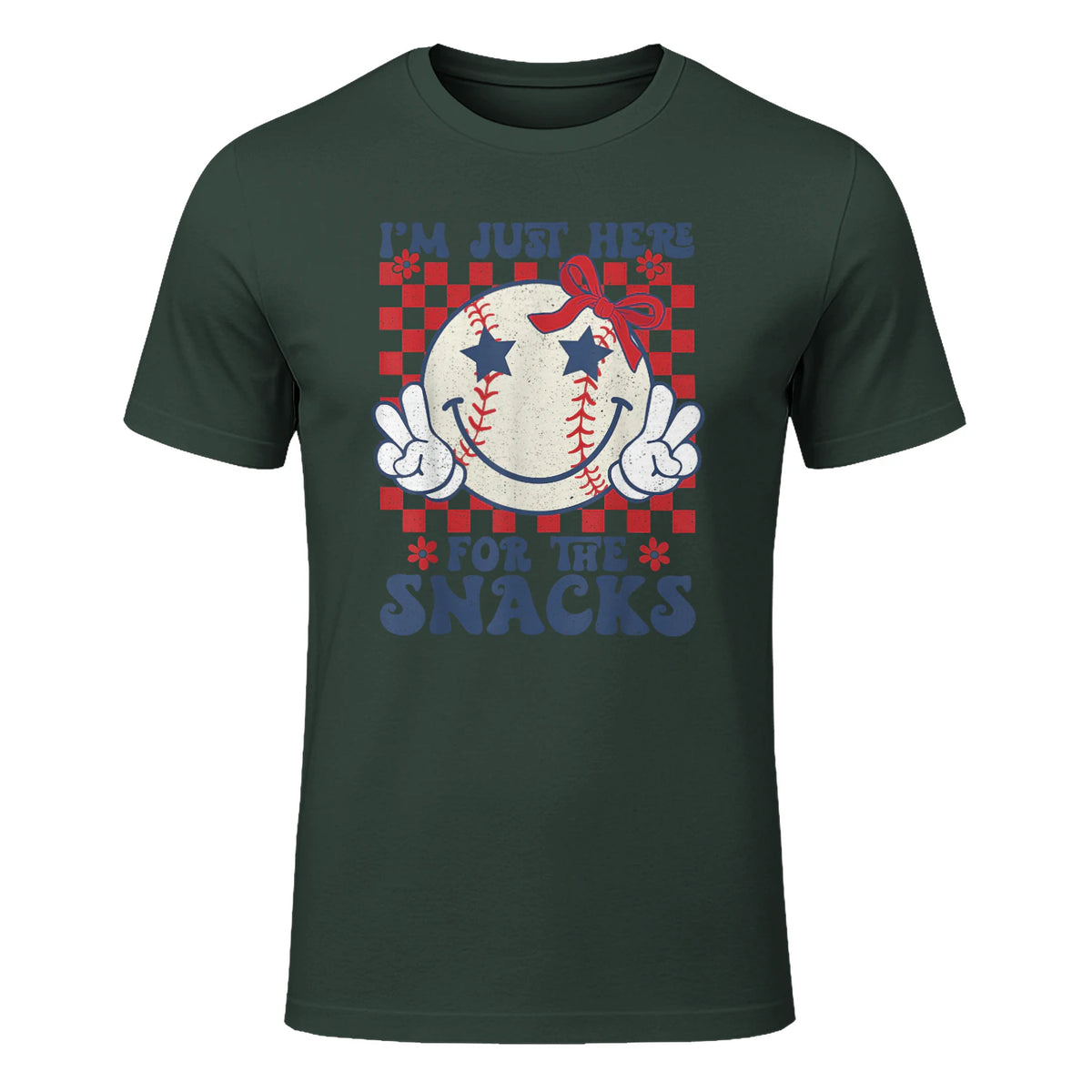 Retro Baseball Sister I'm Just Here for The Snacks Girls Mom T-Shirt in Forest Green - front view