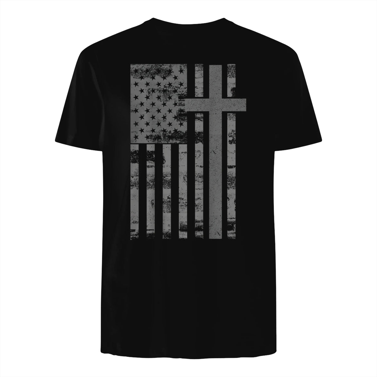 (Art) American Flag Christian Faith Cross Patriotic T-Shirt in Black - back view