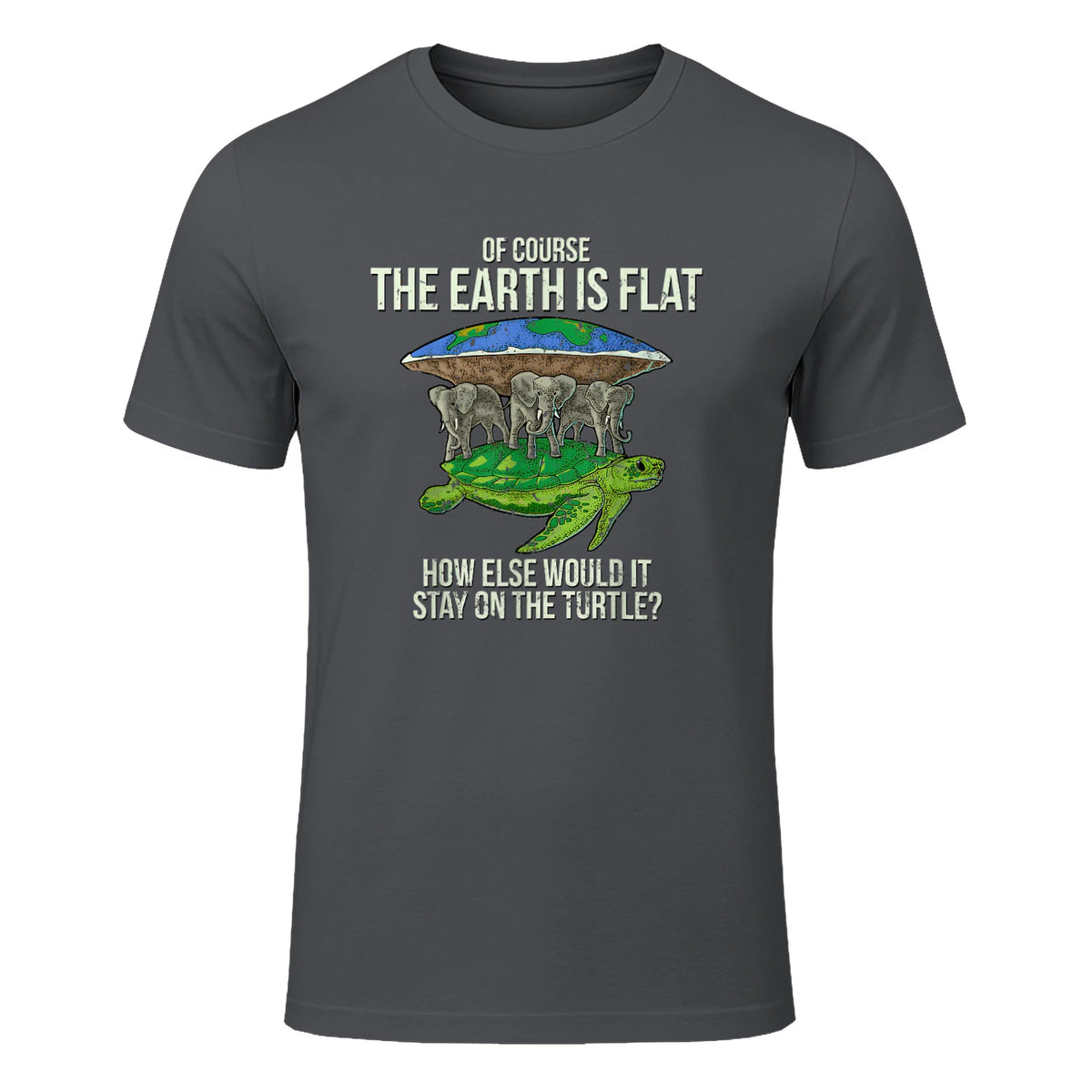 Flat Earth Society T Shirt Turtle Elephants Men Women Gift in Charcoal - front view