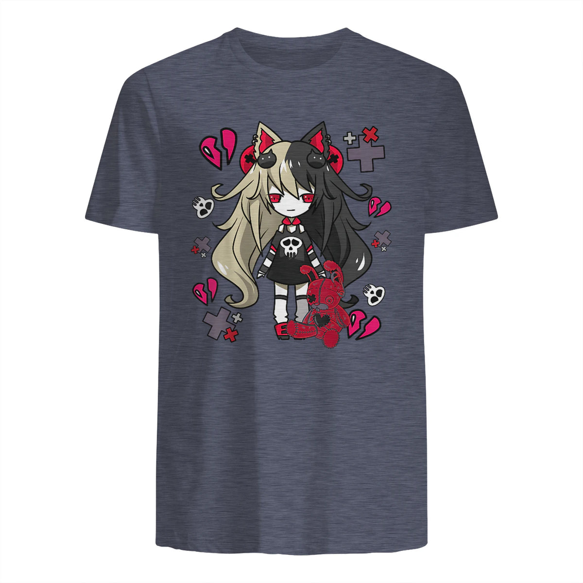 Chibi Kawaii Emo Pastel Goth Girl with Sad Bunny in Heather Navy - back view