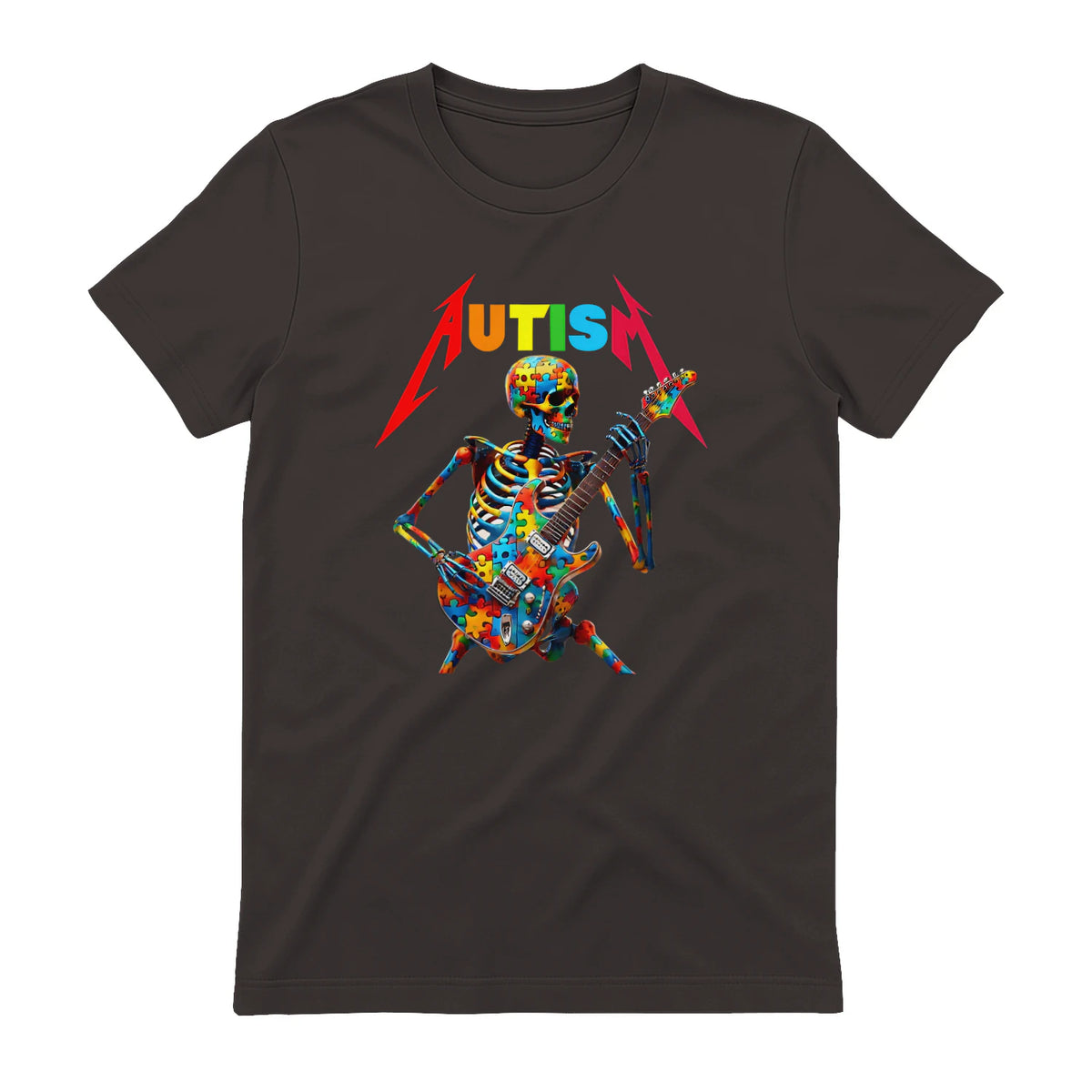 Autism Skeleton Guitar Player Rock Music Autism Awareness in Dark Chocolate - back view