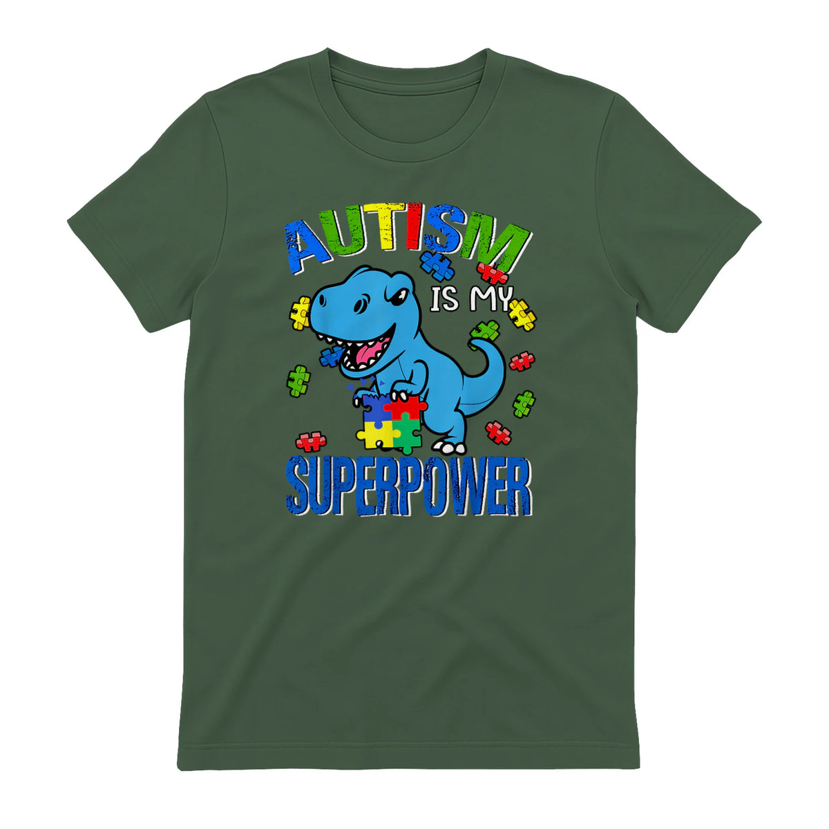 Kids Autism Awareness is My Superpower Boys in Military Green - back view