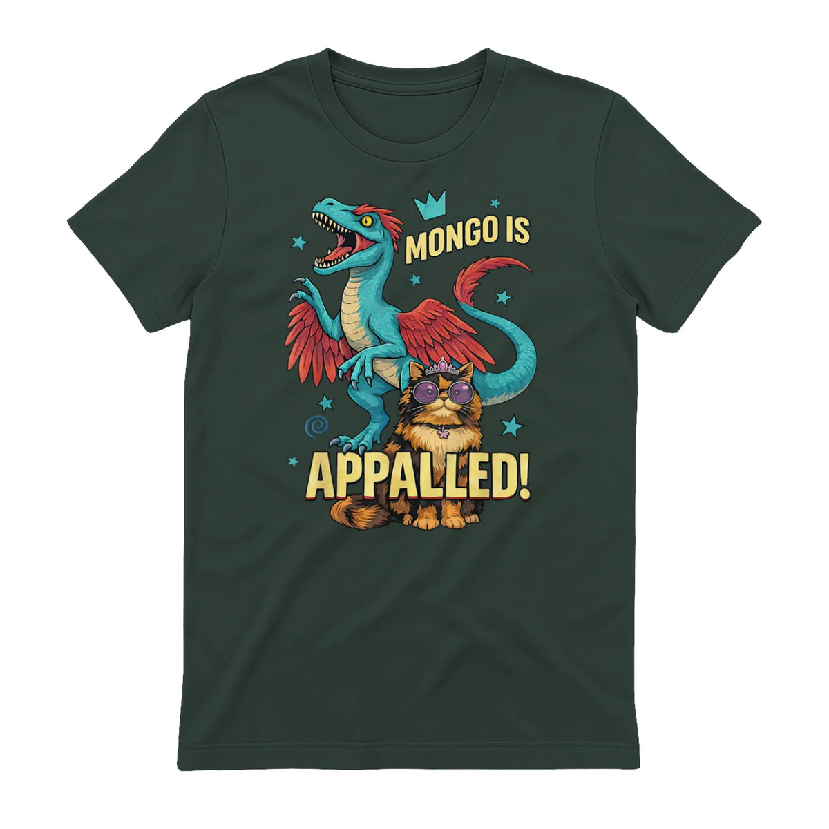 Retro Mongo is Appalled Princess Cat Riding Dinosaur Womens T-Shirt in Forest Green - back view