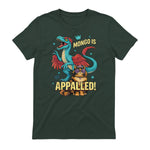 Retro Mongo is Appalled Princess Cat Riding Dinosaur Womens T-Shirt in Forest Green - back view