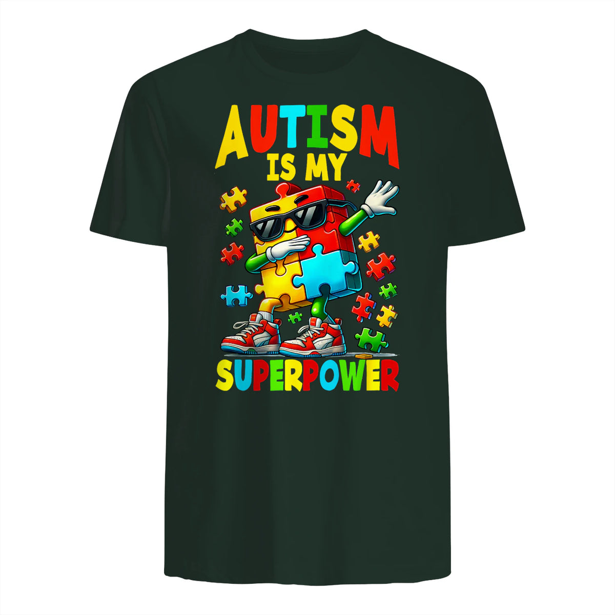 Puzzle Autism Awareness Autistic Support in Forest Green - back view
