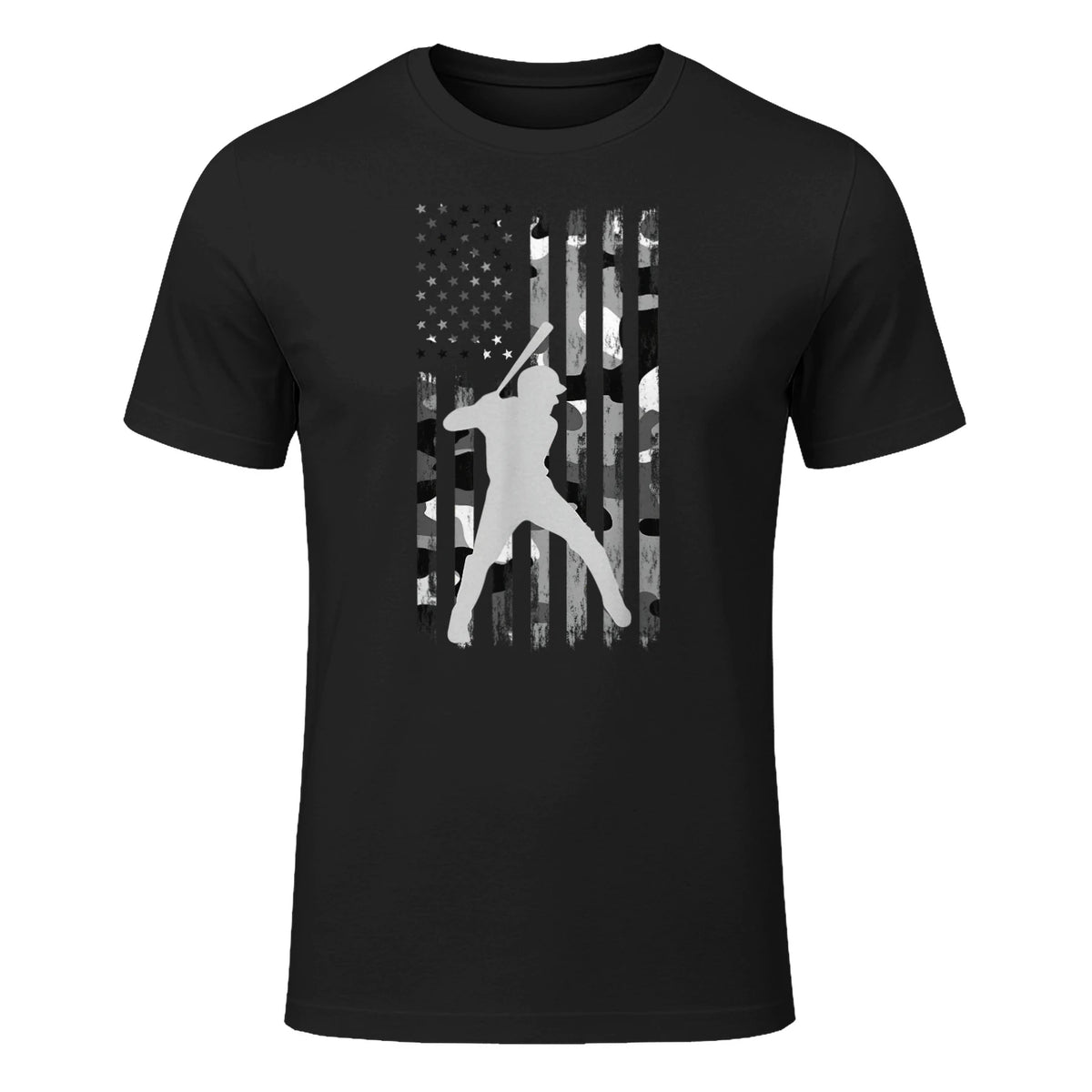 Baseball Player American Flag USA Camo Patriotic Graphic T-Shirt in Black - front view